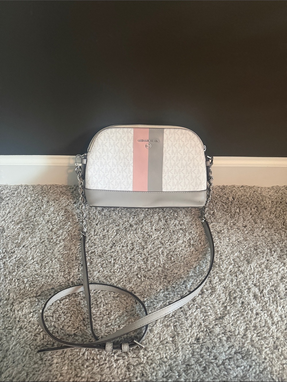 Michael Kors White Crossbody with Pink & Gray Stripe